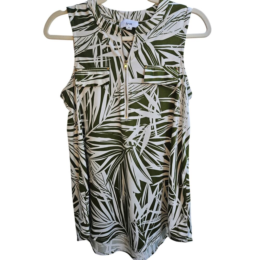 Tropical Sleeveless Top Green White MD 1/2 zip by Fyve rayon poly spandex B-54